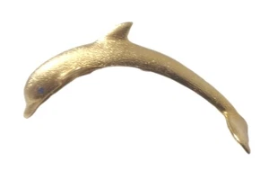 Gold LEAPING DOLPHIN Shoulder Brooch Blue Rhinestone Eyes 4-3/4" Vtg. 80's - Picture 1 of 8