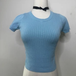 Vintage Y2K Blue Ribbed Baby Tee Crop Top Indie Fairy Skater Grunge It Girl S - Picture 1 of 5
