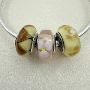 Pandora Sterling Silver Murano Glass 3 Bead Lot Brown Yellow Pink Floral Fun - Picture 1 of 10