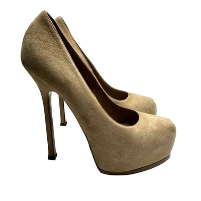 Zapatos de tacón de aguja YSL Tribtoo plataforma gamuza nude talla 39 Y2K Italia Foto 1 de 4