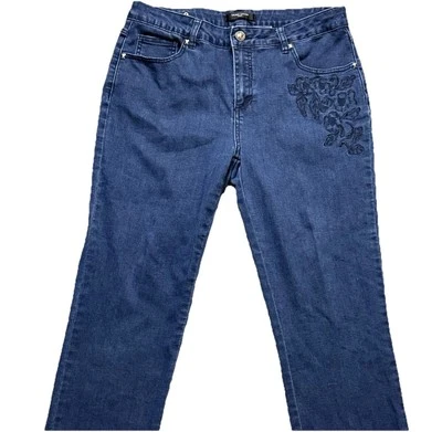 Pantalones de mezclilla bordados de pierna recta Simon Chang para mujer talla 12 tiro medio Foto 1 de 4