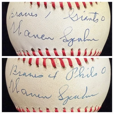 Warren Spahn 2 No Hitter Signed Baseball Set JSA - Image 1 of 4