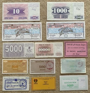 Lot of 13 Bosnian banknotes and vouchers, 1988-1992, VF-UNC, free postage - Picture 1 of 2