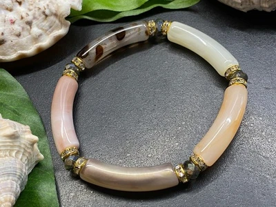 Armband Armreif Gr. M Schlauchperlen Leo elast. Strass Rohrperlen #1022-1 - Bild 1 von 2