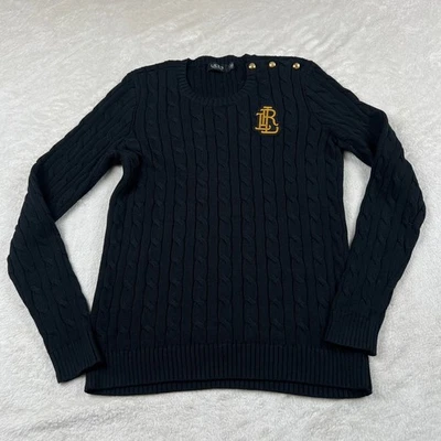 Suéter Lauren Ralph Lauren Mujer Grande Negro Botón Borde Cable Tejido Jersey Logo Foto 1 de 4