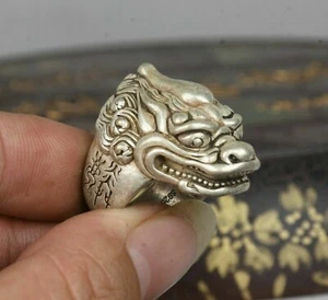 3CM Old Chinese Miao Silver unicorn Beast Head Beast Jewellery Hand Ring - Picture 1 of 3