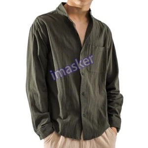 Camisa de lino para hombre manga larga estilo chino camisa suelta algodón lino informal top - Imagen 1 de 19