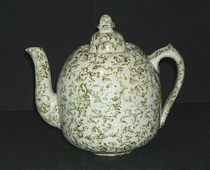 Rare Early (1860 - 1885) Brown & White Spongeware Stoneware Teapot w/Lid - Picture 1 of 8