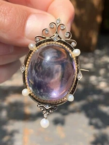Broche/colgante grande victoriano natural perla genuina diamante amatista oro 18 quilates - Imagen 1 de 6