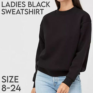 Womens Ladies Black Sweatshirt Pullover Top Jumper UK 8 10 12 14 16 18 20 22 24