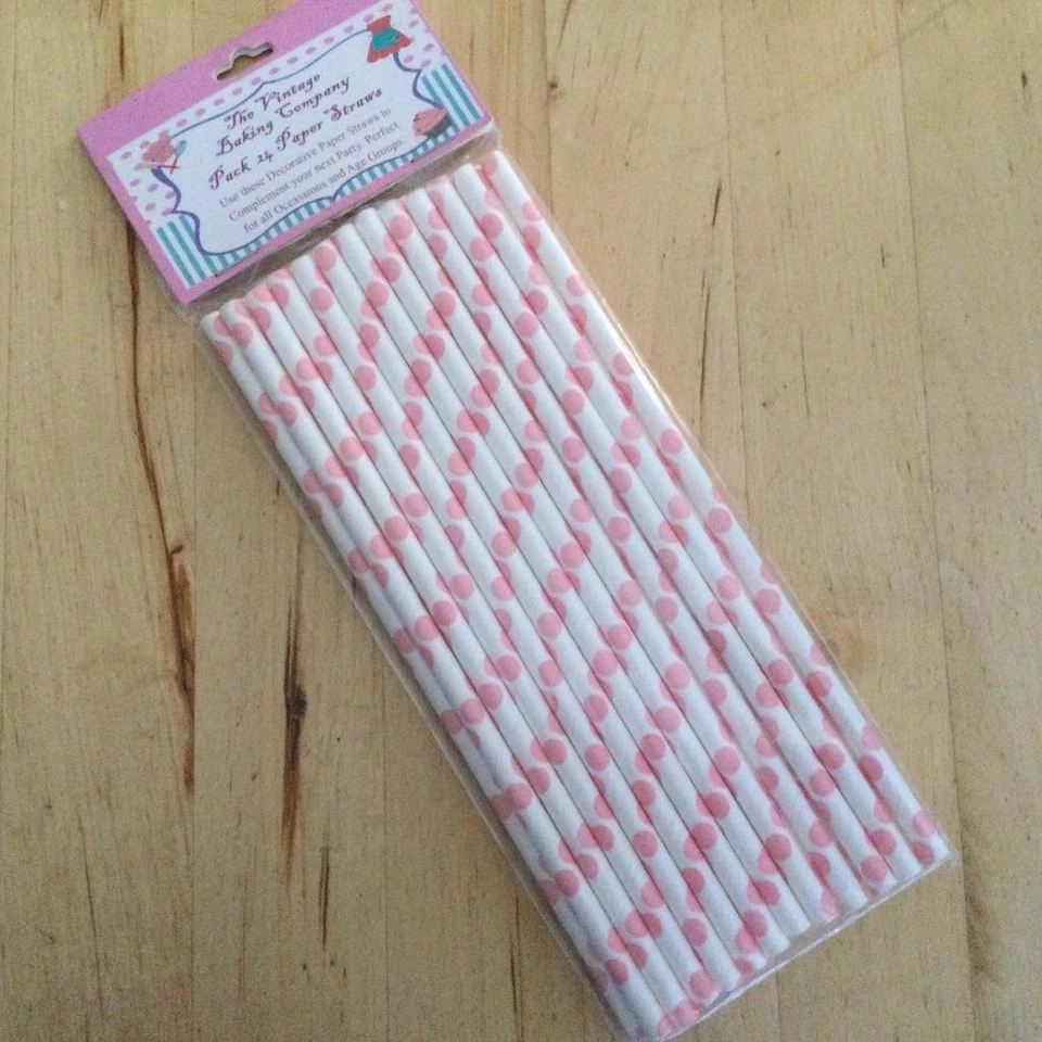 PAPER DRINKING STRAWS PK 24 WHITE WITH PINK SPOTS POLKA DOTS BIODEGRADABLE NEW - image 1 of 1