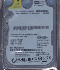 WD WD2500BEVE-00WZT0 dcm: HHCVJHBB s/n: WXEY07 Thailand 250GB IDE 2.5" HDD 6605 - Picture 1 of 2
