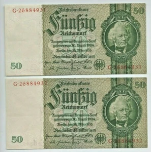 Two Consecutive 1933 German 1933 50 Reichsmarks Banknotes. Pick 182a. VF+ - Picture 1 of 2