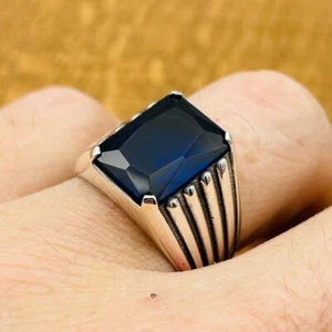 Anillos otomanos de plata 925 con piedras preciosas de zafiro azul hechos a mano para hombre joyería MR#415 - Imagen 1 de 6