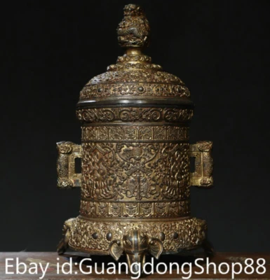 12" Old Tibetan Bronze Gilt Temple Dynasty Dragon 2 Ear incense burner - Image 1 of 4