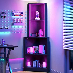 Corner Shelf with LED Light Bookshelf Bookcase with Open Display Storage Rack - Picture 1 of 11