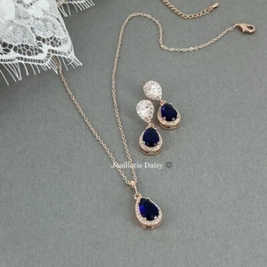 Conjunto de aretes collar lágrima azul zafiro oro rosa circonita joyería boda regalos - Imagen 1 de 6