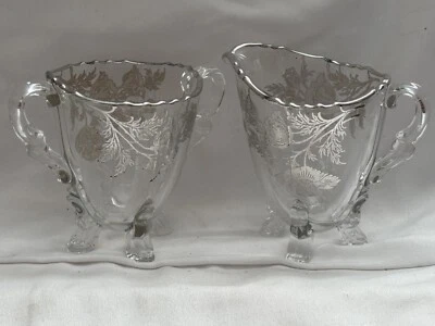 Conjunto de sobreposição de prata vintage Flandres prata cidade papoula vidro creme e açúcar - Imagem 1 de 4