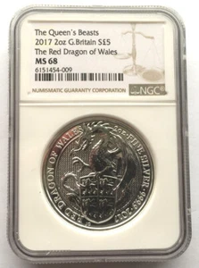 Great Britain 2017 Red Dragon 5 Pounds 2oz NGC MS68 Piedfort Silver Coin,UNC - Picture 1 of 2