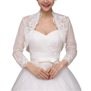 Women 3/4 Sleeve Wedding for Jacket Cape Floral Lace Trim Wrap Shrug Bolero Card - Picture 1 of 8