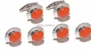 Natural Red Onyx Gemstone 925 Sterling Silver Tuxedo Buttons & Cufflink #2420 - Picture 1 of 3