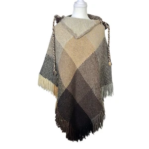 Bonnie Brae Weavers handgewebter Woll Poncho mit Kapuze Cape Schal braun beige - Bild 1 von 7