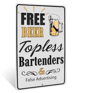Bar Sign Free Beer Topless Bartenders Funny Metal Man Cave, Dorm Room Wall Decor - Picture 1 of 7