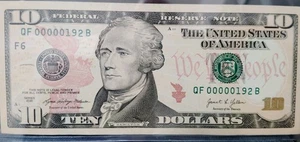 2021 $10 Bill Series F (Low  "3" Digits numbers (00000192) Uncirculated 🔥 - Picture 1 of 1