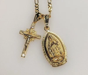 Dijes Colgantes Doble Cruz Virgen María 3mm Chapado Collar Virgen María Cruz - Imagen 1 de 7