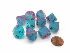 Set of 10 Chessex Luminary Gemini D10 Dice - Gel Green-Pink with Blue Numbers - Picture 1 of 2