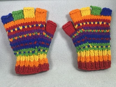 Wool Fleece Lined Fingerless Gloves Hand Knit Warm Rainbow Made In Nepal Texting - Image 1 of 4