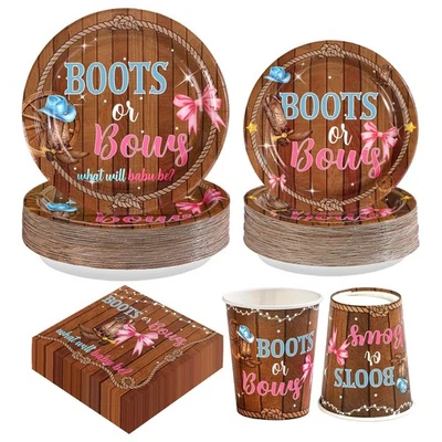 250 Pcs Boots or Bows Gender Reveal Decorations Including Plates Napkins Cups... - Image 1 of 4