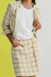 Cabi Coco Boucle Jacket-M + Mini Skirt Size 10 Spring 2023 Cream Yellow Set EUC - Picture 1 of 20