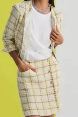 Chaqueta Cabi Coco Boucle-M + Mini Falda Talla 10 Primavera 2023 Amarillo Crema Conjunto Usado en Excelente Condición Foto 1 de 4