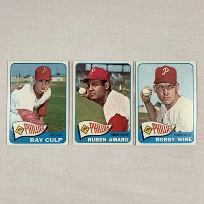 LOTE de 1965 Topps Phillies Ray Culp #505 Ruben Amaro #419 Bobby Wine #36 tarjetas MLB Foto 1 de 4