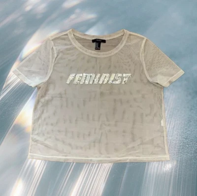Forever 21 Sheer Top Sequin Feminist Nude Short Sleeve Size Medium - Image 1 of 4