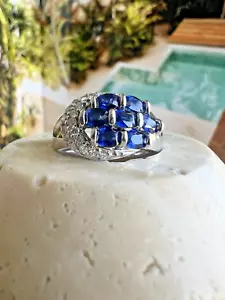 Ladies ESTATE 14k White Gold NATURAL Diamond / Sapphire COCKTAIL Ring - Picture 1 of 11