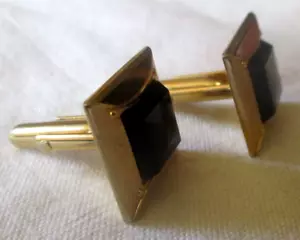 Anciens Boutons de manchette SWANK couleur or plaque onyx bijou Vintage 2260 - Photo 1/4