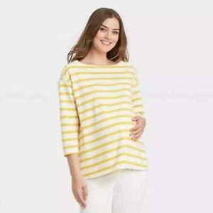 The Nines Hatch Shirt 3/4 Top Striped Casual Maternity Womens L Yellow White - Picture 1 of 11
