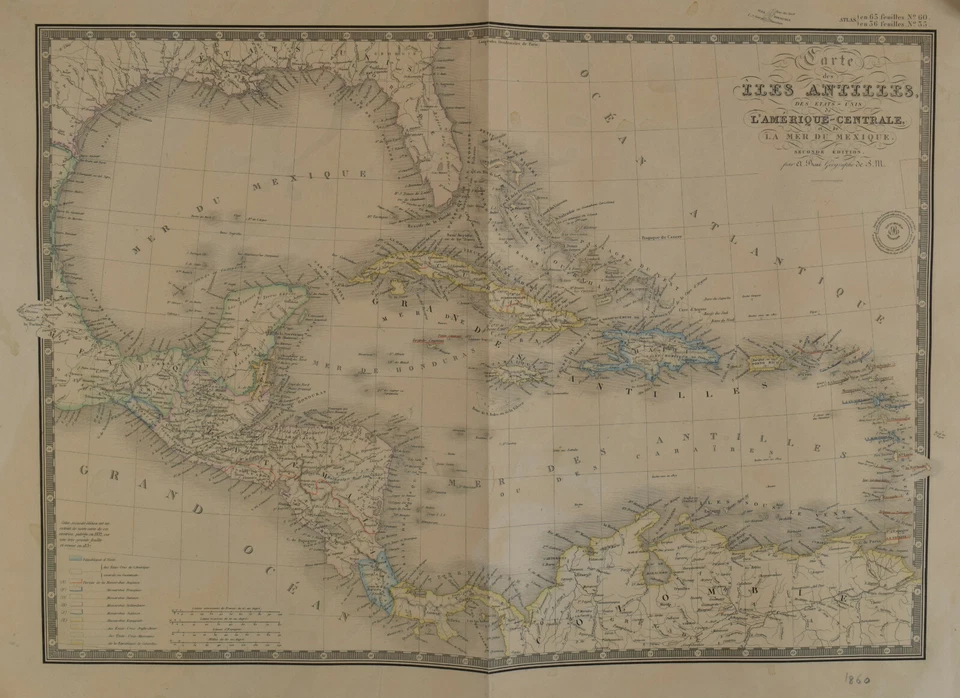 Mapa BRUÉ del Caribe Carte des Isles Antilles des Etats Unis de L'Amérique 1860 Foto 1 de 4