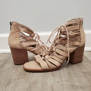 Vince Camuto Kaiann Suede Caged Block Heel Sandal Beige Size 8.5 M - Picture 1 of 7