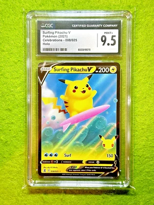 Pikachu SURFING HOLO POKEMON CARD CELEBRATIONS SP 2021 Pokémon TCG CGC 9.5 MINT+ - Image 1 of 4