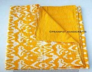 Queen Ikat Print Yellow Summer Boho Kantha Quilt Cotton Throw Dorm D?cor Blanket - Picture 1 of 7