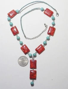 Blau Türkis & Rot Schwamm Koralle Y-Tropfen Halskette mit Türkis Glas Rocailles 24" - Bild 1 von 3