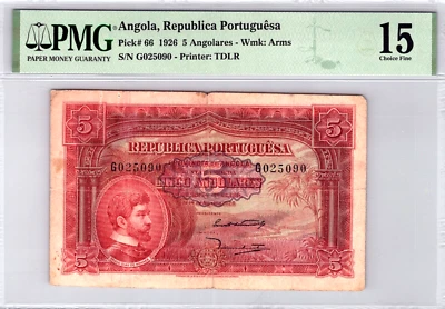 Angola 5 Angolares 1926 Pick# 66 Banknote. PMG Graded 15 Choice Fine. - Image 1 of 4