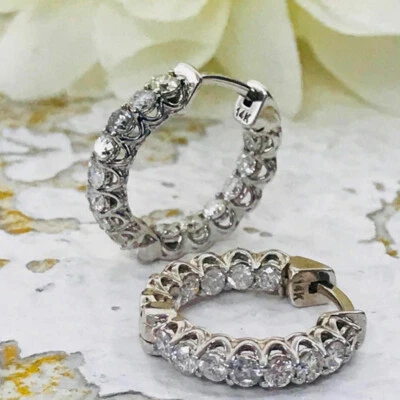 In-Outside Huggie/Hoop Earrings 2Ct Round Simulated Diamond White Gold Plated - Image 1 of 3