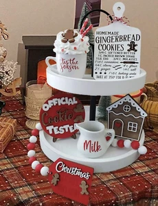 Juego de 6 piezas Bandeja de Navidad Pan de Jengibre Granja Decoración Madera ¡con Sombrero de Papá Noel GRATIS! - Imagen 1 de 5