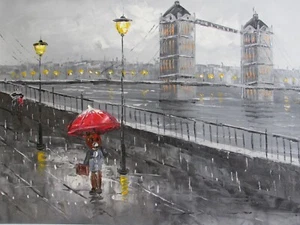 Old London Large Oil Painting Canvas Cityscape Cute Bear Tower Bridge Art - Picture 1 of 1