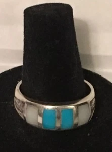 Southwestern Style Ring Unmarked Silver Turquoise Shell & Feather Pattern Sz 10 - Bild 1 von 12
