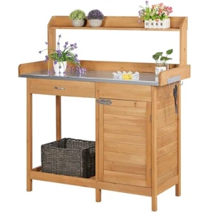 Garden Potting Bench Table Outdoor Work Bench w/Cabinet Drawer Open Shelf Wooden - Picture 1 of 11
